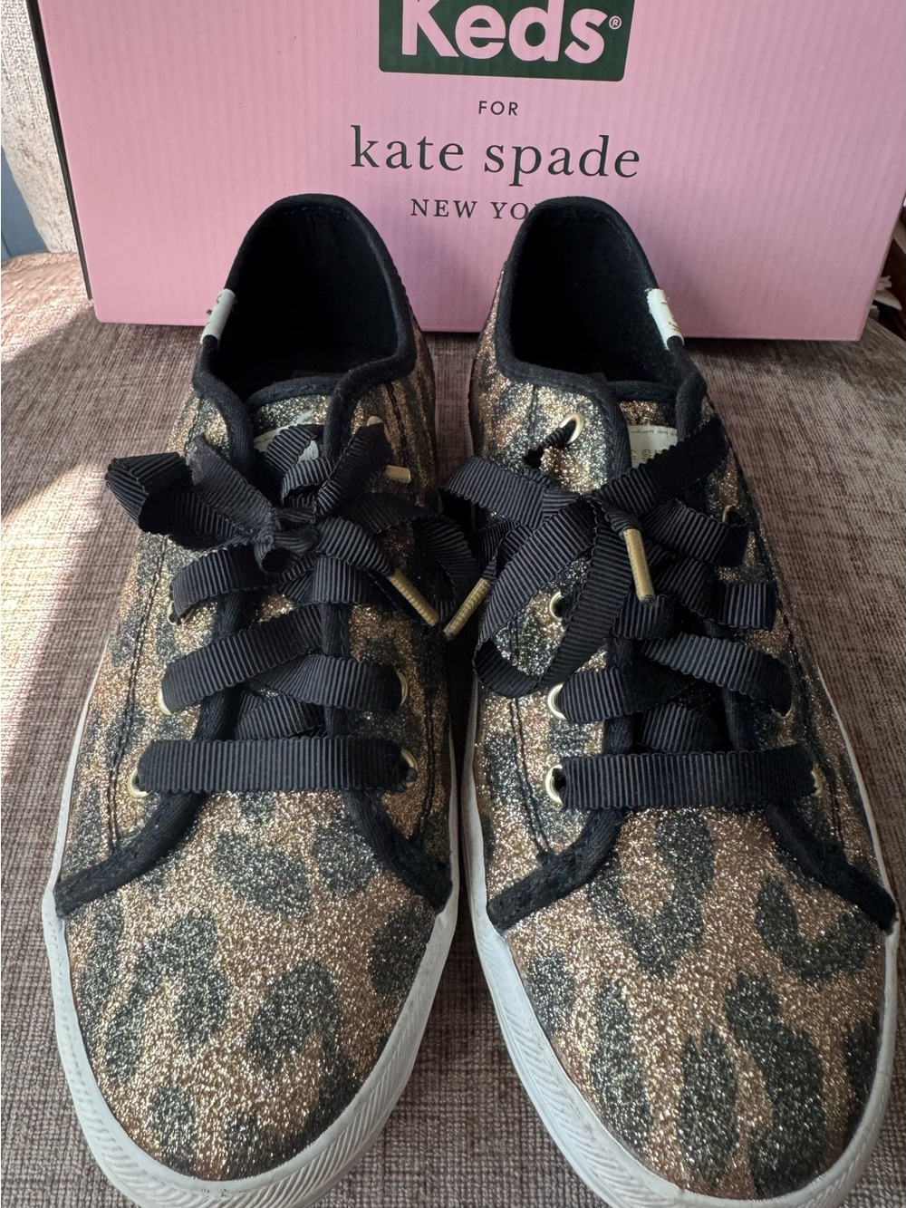 kate spade Glitter Leopard Lace-Up Sneakers in Black and Gold